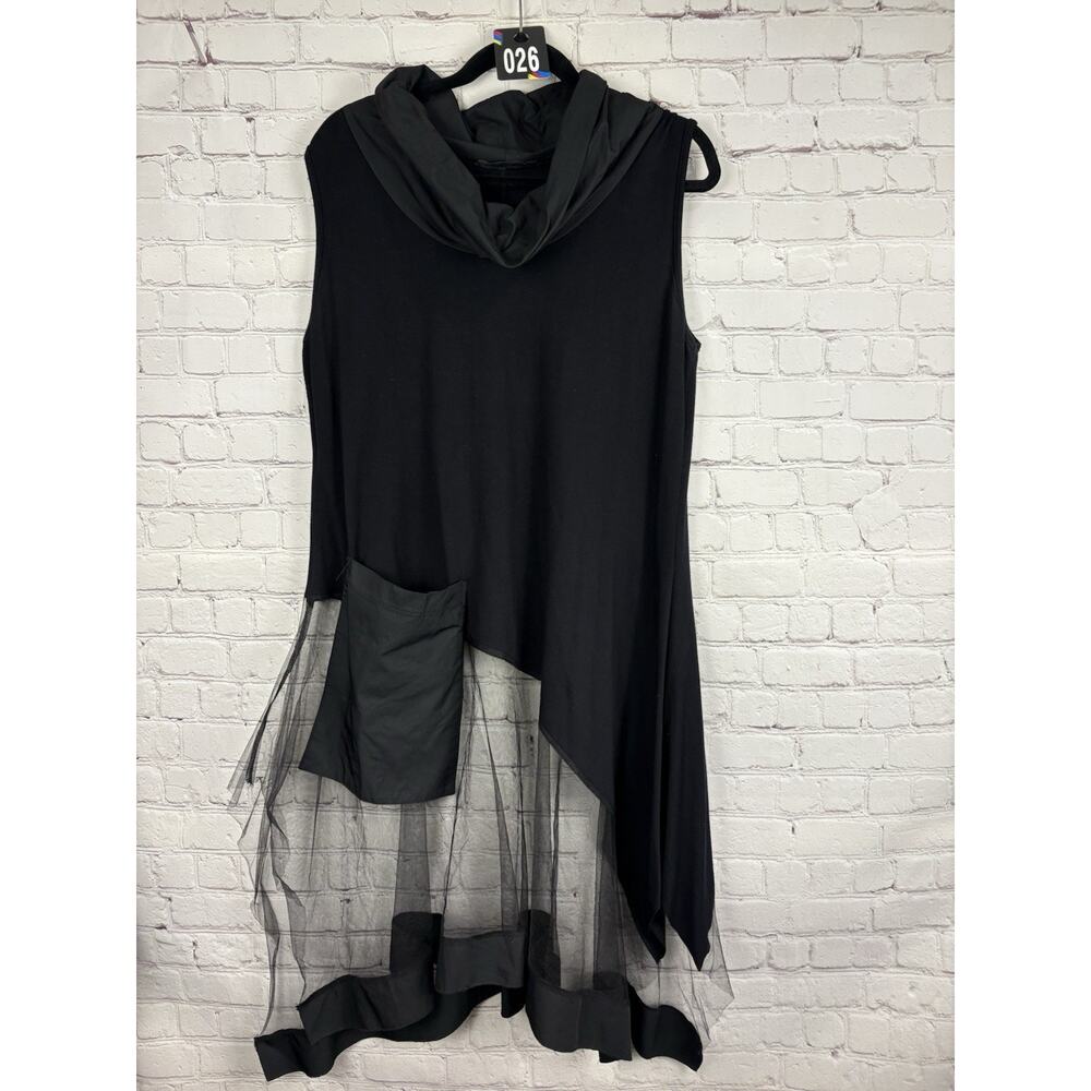 LUUKA Black Mesh Layering Tunic top, Pocket, Sleeveless Cowl Sz 12 / 3